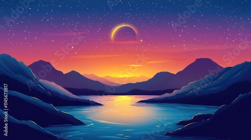 Serene night landscape featuring rivers and mountains illuminated by a crescent moon and stars following a vibrant sunset backdrop.