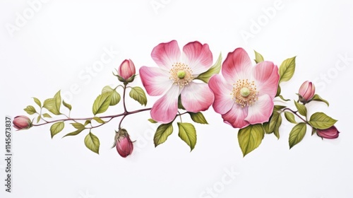 Wild rose flowers with delicate pink petals and green leaves on a white background showcasing natural beauty and floral elegance