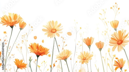 Beautiful arrangement of bright calendula flowers on a white background showcasing their vibrant colors and delicate details.