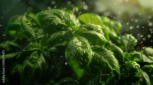 A bunch of fresh basil leaves with droplets of water on them.