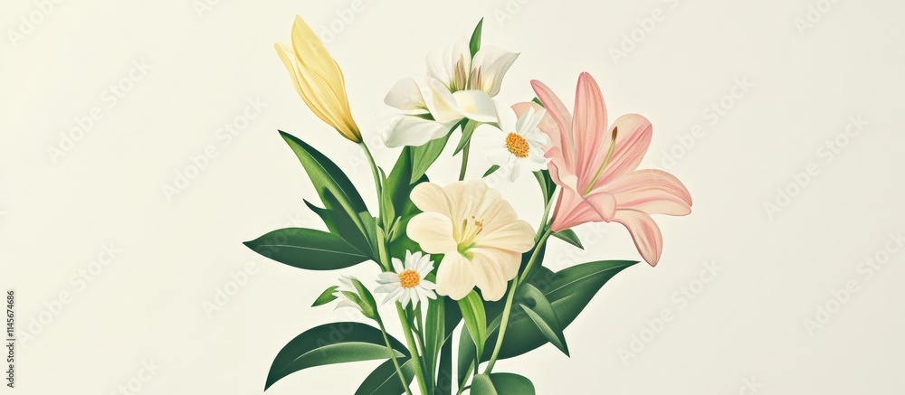 Obraz premium Elegant floral bouquet design ideal for greeting cards and invitations with soft pastel colors and detailed botanical illustrations.