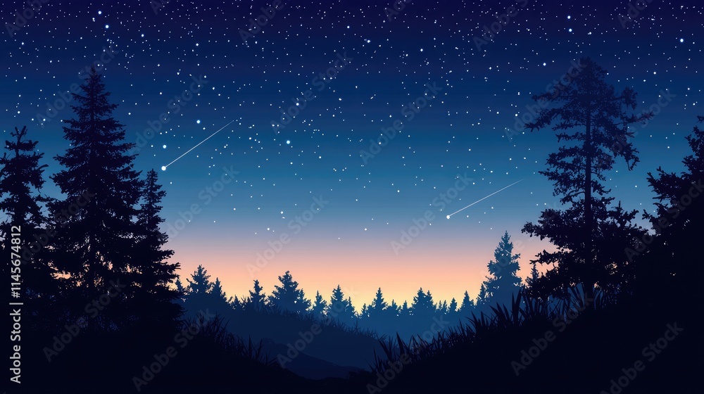 Naklejka premium Stunning Night Sky with Stars and Galaxies Above a Silhouetted Forest at Dusk