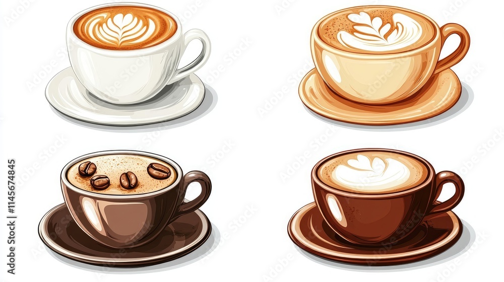 Obraz premium Assorted coffee cups with latte art on saucers against a bright background showcasing different milk coffee styles and textures.