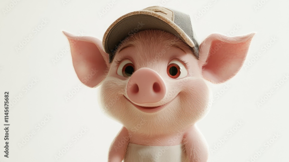 Fototapeta premium Cute cartoon pig wearing a cap smiling on a light background, ideal for playful and family-oriented designs and children's content.