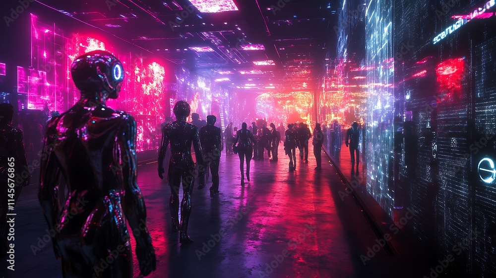 Obraz premium Futuristic City Corridor Neon Lights Androids Humans