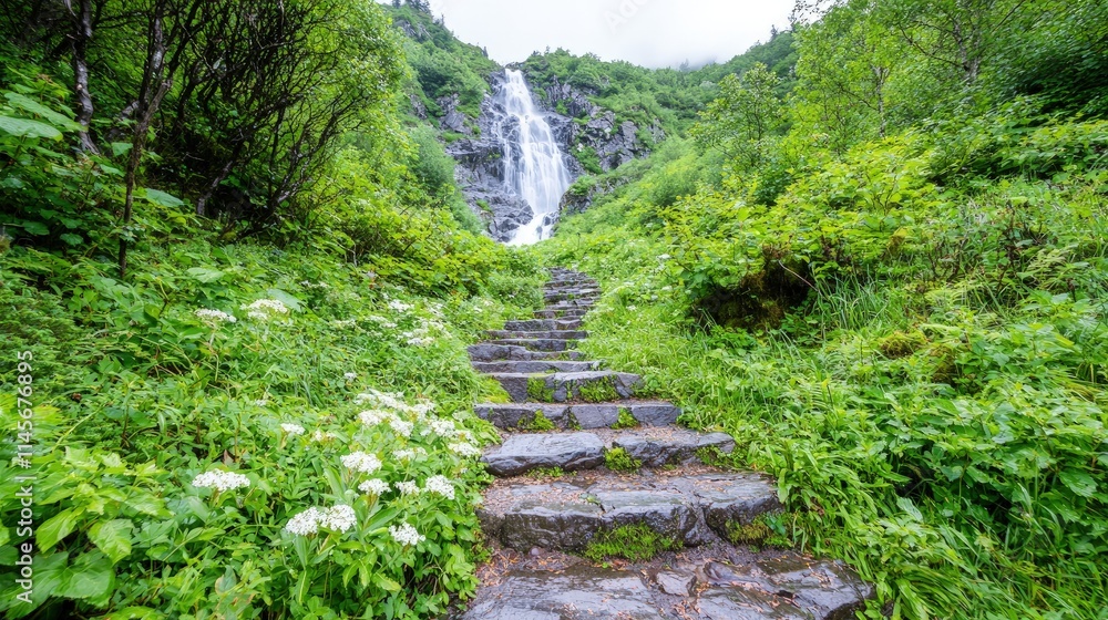 Obraz premium Stone steps leading to a lush waterfall.