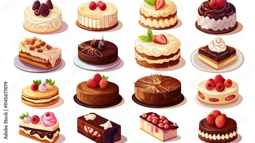 Assorted delicious desserts featuring cakes pastries and sweets in a vibrant display of flavors and textures for bakery advertising and promotion Assorted delicious desserts featuring cakes pastries and sweets in a vibrant display of flavors and textures for bakery advertising and promotion