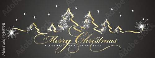 Merry Christmas and Happy New Year 2025 beautiful golden light elegant brush script calligraphy typography with gold white glitter sparkle stardust Christmas trees black background greeting card