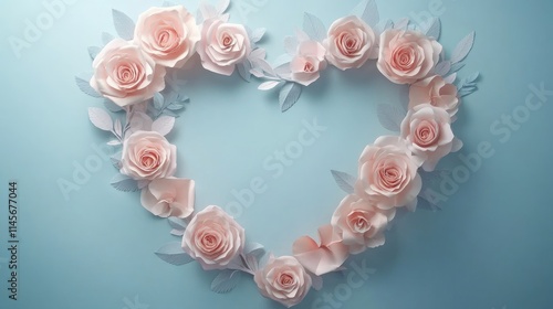 Heart-shaped arrangement of delicate pink roses on a soft blue backdrop ideal for wedding invitations or romantic decorations. photo