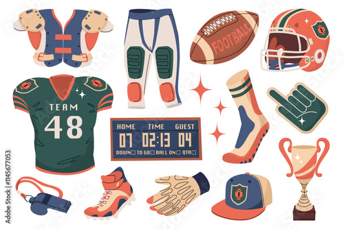American football attributes. Sportsman suit. Team fan items. Stadium match. Sports equipment. Vector illustration isolated on transparent background.