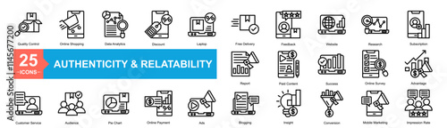 Authenticity and Relatability Icon Sheet Quality Control, Online Shopping, Data Analytics, Discount, Laptop, Free Delivery, Feedback, Website, Research, Subscription, Customer Service, Audience, Pie C