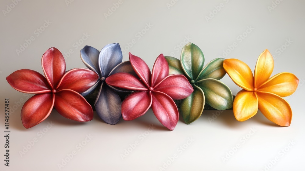 Colorful Frangipani Plumeria Flowers Arrangement in Various Shades for Decorative Purposes Colorful Frangipani Plumeria Flowers Arrangement in Various Shades for Decorative Purposes