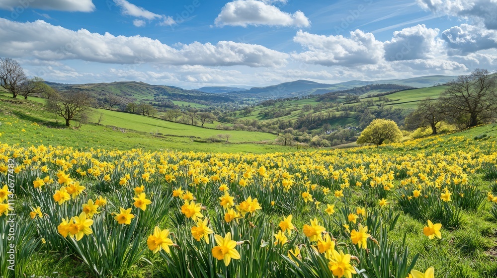 Vibrant Meadow Filled with Yellow Daffodils Under Bright Blue Sky Vibrant Meadow Filled with Yellow Daffodils Under Bright Blue Sky