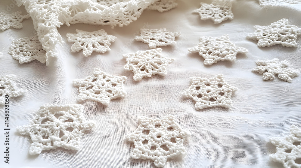 Delicate crocheted snowflakes scattered on white fabric. Perfect for winter, holiday, or crafting projects. Handcrafted details create a cozy, elegant feel. Delicate crocheted snowflakes scattered on white fabric. Perfect for winter, holiday, or crafting projects. Handcrafted details create a cozy, elegant feel.