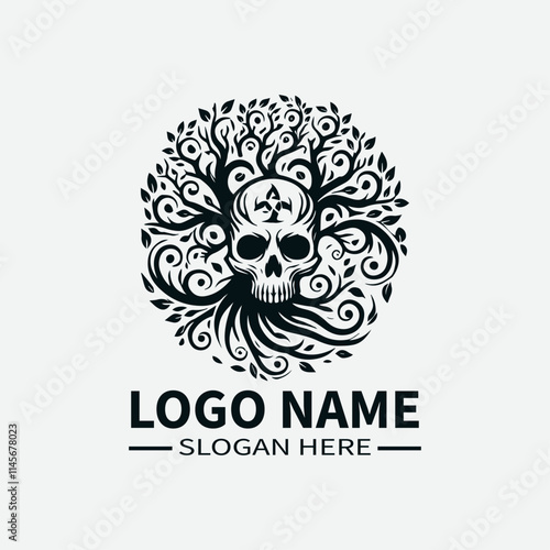 Tree of Life Skull Logo Design, Skull and Tree Symbol Logo, Life and Death Logo, Nature and Mortality Logo, Dark Fantasy Logo. 
