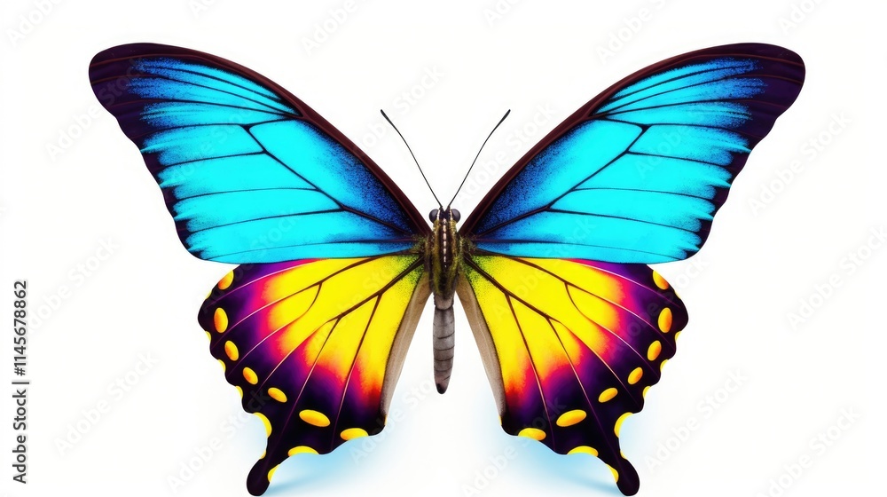 Colorful exotic butterfly with vibrant blue and yellow wings isolated on a clean white background showcasing natural beauty and elegance Colorful exotic butterfly with vibrant blue and yellow wings isolated on a clean white background showcasing natural beauty and elegance