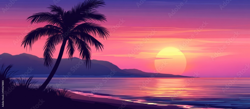 Serene sunset over the beach with silhouette of palm tree creating a tranquil tropical landscape in vibrant colors Serene sunset over the beach with silhouette of palm tree creating a tranquil tropical landscape in vibrant colors
