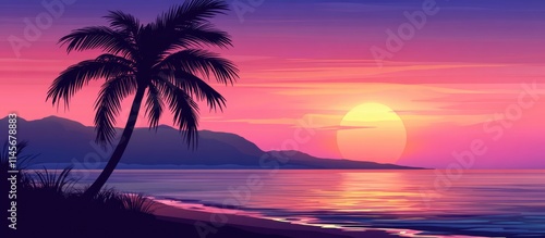 Serene sunset over the beach with silhouette of palm tree creating a tranquil tropical landscape in vibrant colors