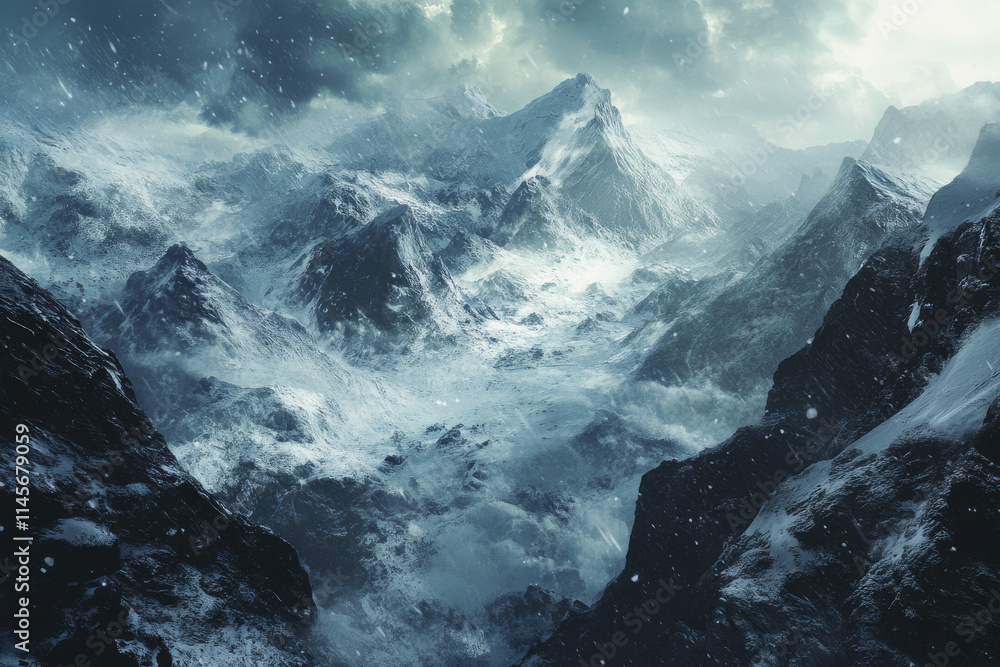Obraz premium Winter Storm Over Mountain Range Dramatic Overcast