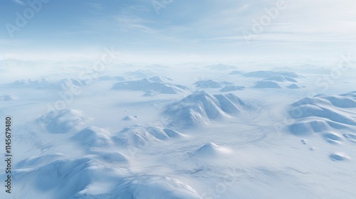 Aerial perspective of pristine snowy landscape showcasing rugged mountain formations under a clear sky in serene winter atmosphere