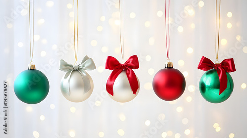 Five elegant Christmas ornaments in red, green, and silver hang against a shimmering bokeh background.  Each ornament is adorned with a satin ribbon bow. photo