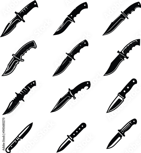 A set of knife silhouettes, black and white shape