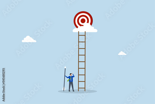 Dream big aim high, determined entrepreneur grips dart aims for lofty target in the sky 