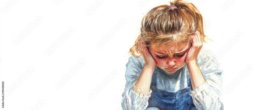 Young girl holding her head in pain showing discomfort while sitting alone on a white background expressing feelings of distress and sadness Young girl holding her head in pain showing discomfort while sitting alone on a white background expressing feelings of distress and sadness