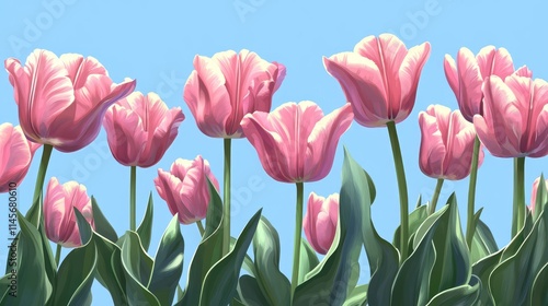 Pink tulips lined against a clear blue sky creating a vibrant floral backdrop ideal for festive greeting cards and invitations
