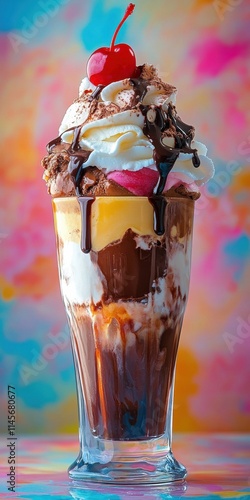 Layered Chocolate Ice Cream, Glass Dessert Cup, Whipped Cream, Cherry, Multicolored Surface, Blurred Background, Stock Photography for Food and Desserts Advertisements