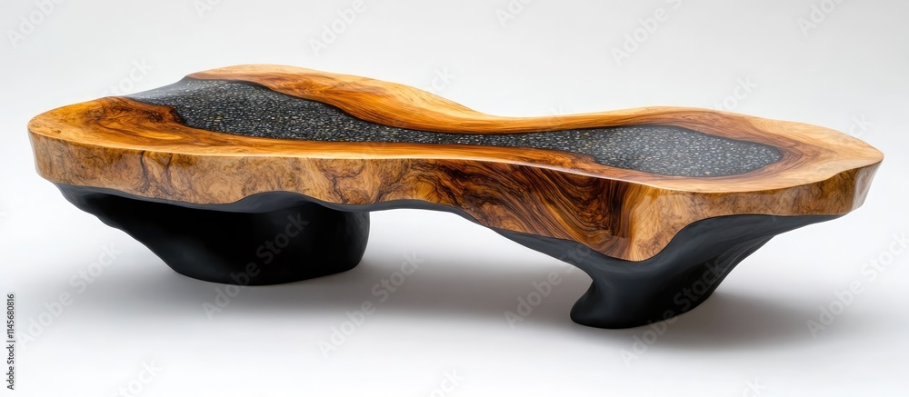 Artisan crafted wood and resin coffee table showcasing elegant curves ideal for contemporary living room interior design
