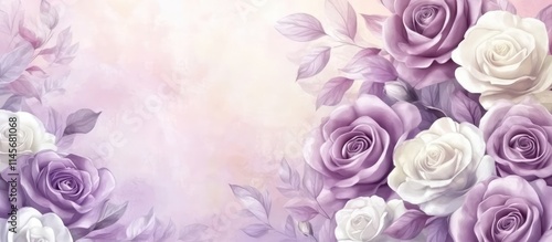 Fototapeta Naklejka Na Ścianę i Meble -  Elegant bouquet of fresh white and purple roses with soft pastel background perfect for postcard cover and special occasion greetings