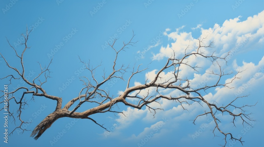 Barren tree limb against a clear azure sky with clouds showcasing tranquil nature and serene landscape elements Barren tree limb against a clear azure sky with clouds showcasing tranquil nature and serene landscape elements
