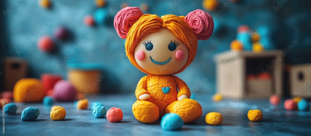 Fototapeta premium Colorful plasticine doll displayed by a woman celebrating creative hobbies and artistic expression in a vibrant, playful setting