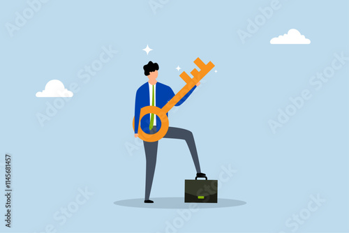 Key success for business, joyful entrepreneur with a golden key as a guitar celebrating freedom through dance. 