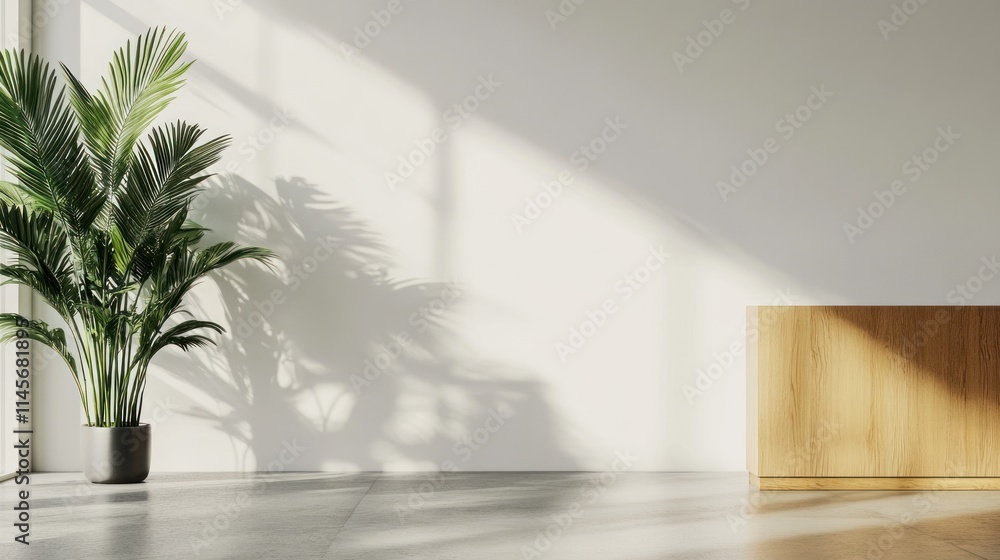 Minimalist Interior Design: Sunlight Streaming Through Window, Palm Plant, and Wooden Cabinet Minimalist Interior Design: Sunlight Streaming Through Window, Palm Plant, and Wooden Cabinet