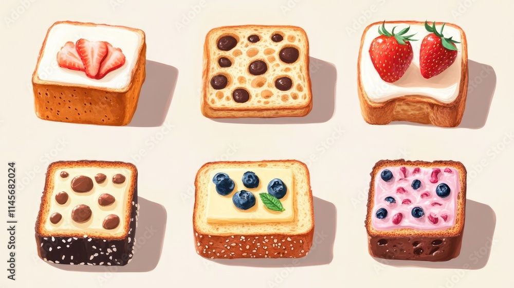 Delicious assorted flavored breads featuring strawberry, chocolate, blueberry, cheese, milk, peanut, and coffee toppings on a beige background Delicious assorted flavored breads featuring strawberry, chocolate, blueberry, cheese, milk, peanut, and coffee toppings on a beige background