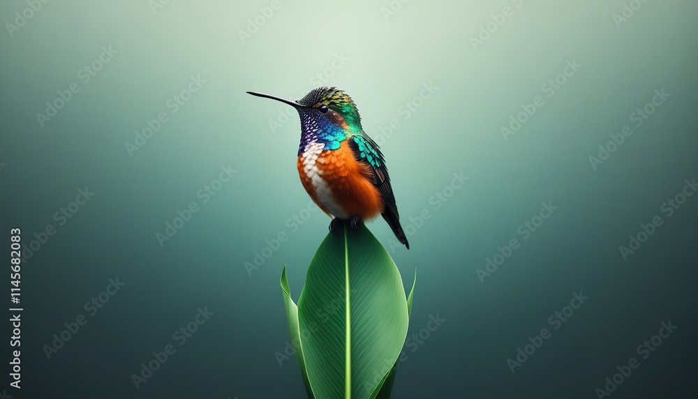 Fototapeta premium A vividly colored hummingbird rests on a large, vibrant green leaf. The background is a soft, muted green. The image evokes a sense of tranquility and the beauty of nature.