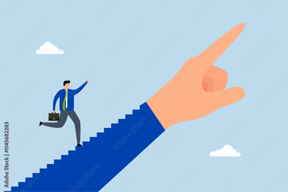 Success step, businessman ascends stairway while leader gestures with hand. Success step, businessman ascends stairway while leader gestures with hand.