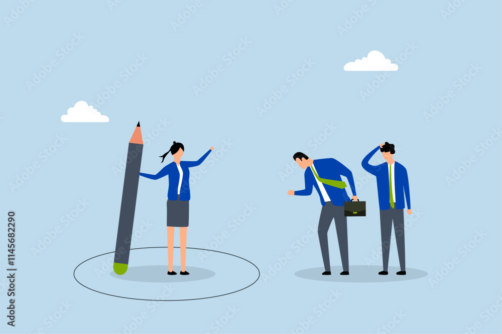 Obraz premium Personal space, entrepreneur drawing personal boundary circle with pencil to shield herself from colleagues. 