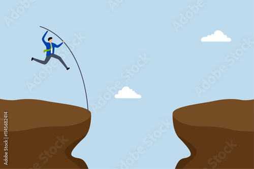 Overcome difficulty to reach business success, assurance entrepreneur pole vaulting leap across chasm divide. 