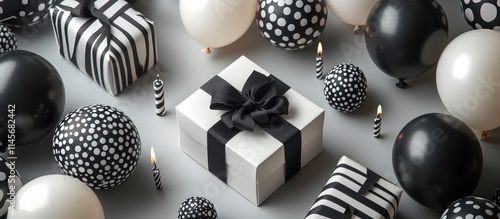 Black and White Birthday Party Accessories Flat Lay Featuring Gift Boxes Balloons and Candles photo