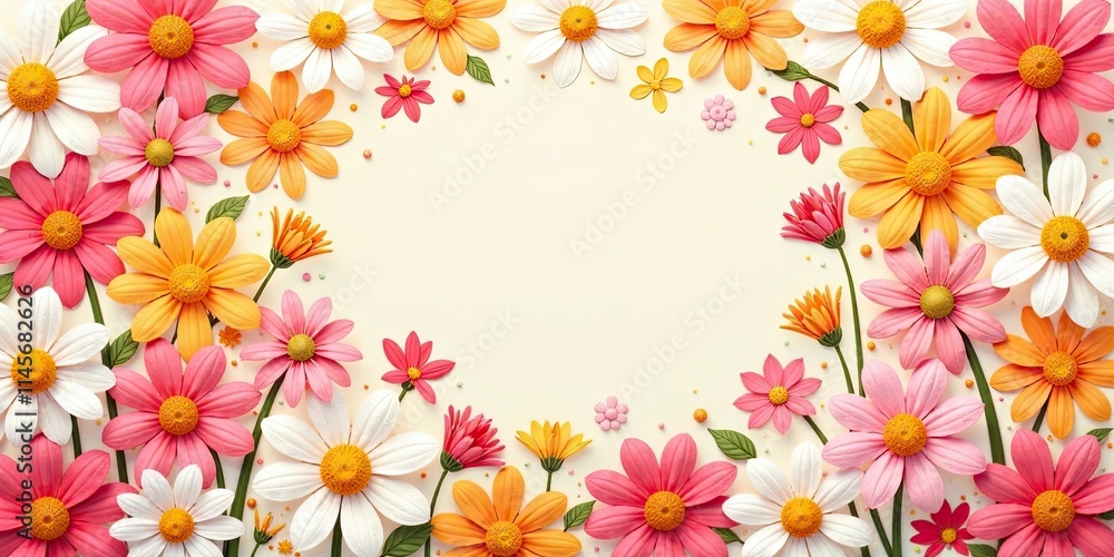 A vibrant springtime floral arrangement featuring an array of cheerful daisies and smaller blossoms, creating a delightful border around a blank central space ideal for text or imagery. A vibrant springtime floral arrangement featuring an array of cheerful daisies and smaller blossoms, creating a delightful border around a blank central space ideal for text or imagery.