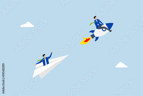 Leadership to win business competition, entrepreneur traveling swiftly in rocket to outpace rival origami aircraft. 
