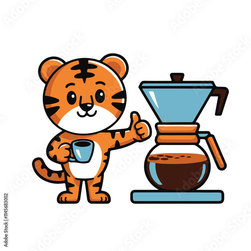 the tiger drinking coffee illustration. character vector