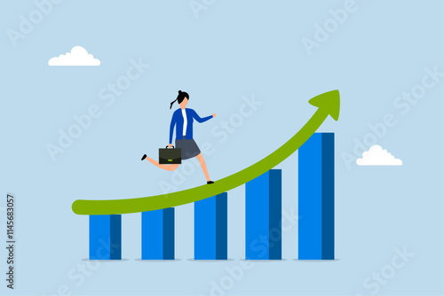 Work improvement, businesswoman ascending an upward arrow on a performance enhancement bar chart. 