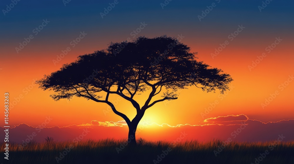 Silhouette of a solitary tree against a vibrant sunset sky with warm colors and distant mountains in a serene landscape setting Silhouette of a solitary tree against a vibrant sunset sky with warm colors and distant mountains in a serene landscape setting