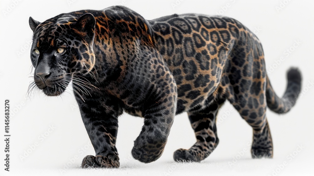 Obraz premium Majestic black jaguar isolated on transparent background for wildlife design projects featuring stealthy and powerful big cats in high-resolution, ideal for exotic animal and nature-themed concepts.
