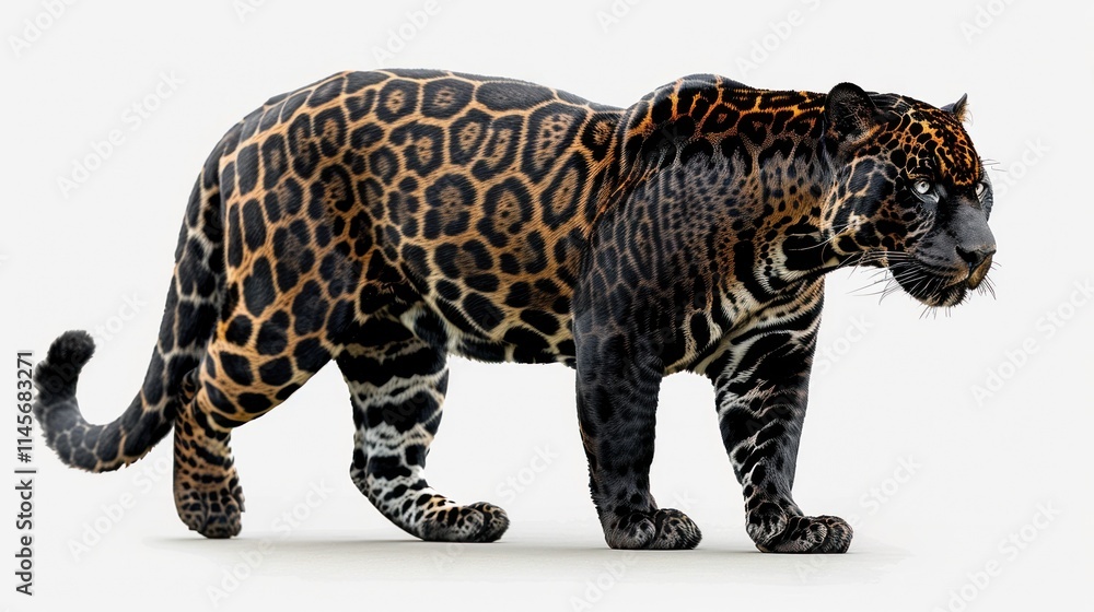 Obraz premium Majestic black jaguar isolated on transparent background for wildlife design projects featuring stealthy and powerful big cats in high-resolution, ideal for exotic animal and nature-themed concepts.