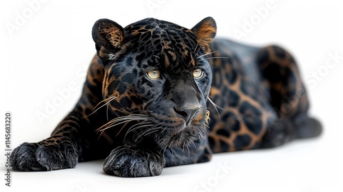 Majestic black jaguar isolated on transparent background for wildlife design projects featuring stealthy and powerful big cats in high-resolution, ideal for exotic animal and nature-themed concepts. photo